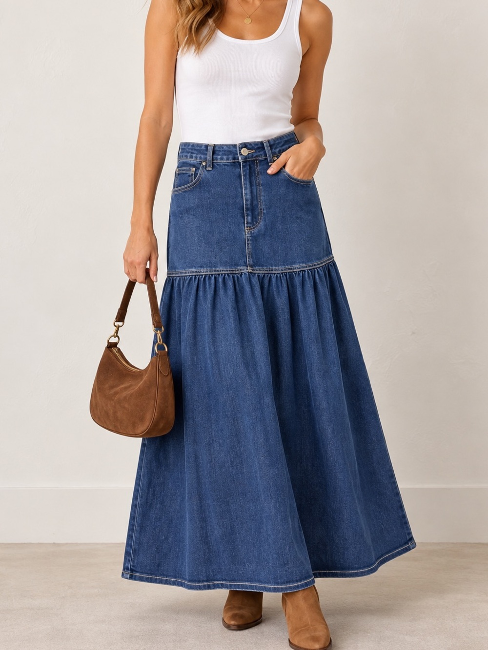 We The Free Size 12 Denim Drop Waist Tiered Maxi Skirt Blue Cotton Blend
